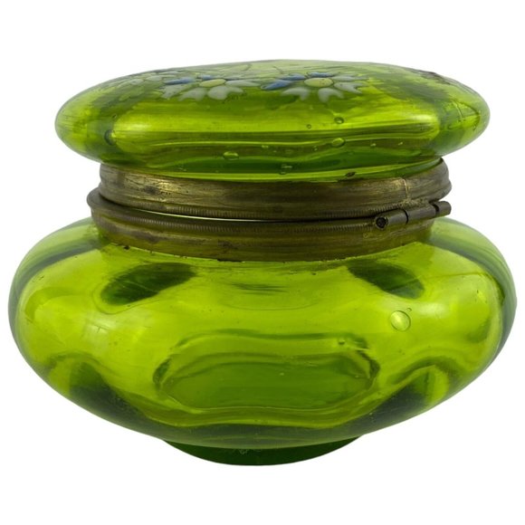 Victorian Green Glass Enamelled Dresser Box Powder Trinket Daisies - Picture 5 of 9